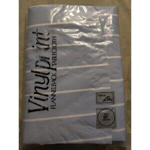 Tablecloth NOS VINTAGE Elrene Vinyl Print Flannel Back  60" Round blue stripe